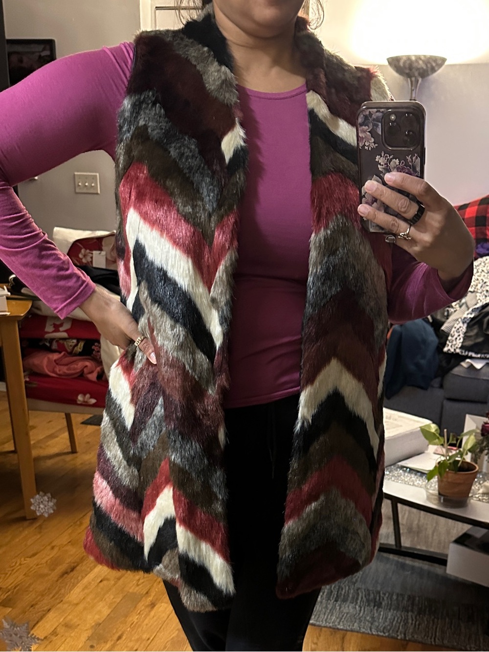 Multicolor Chevron Faux Fur Vest
